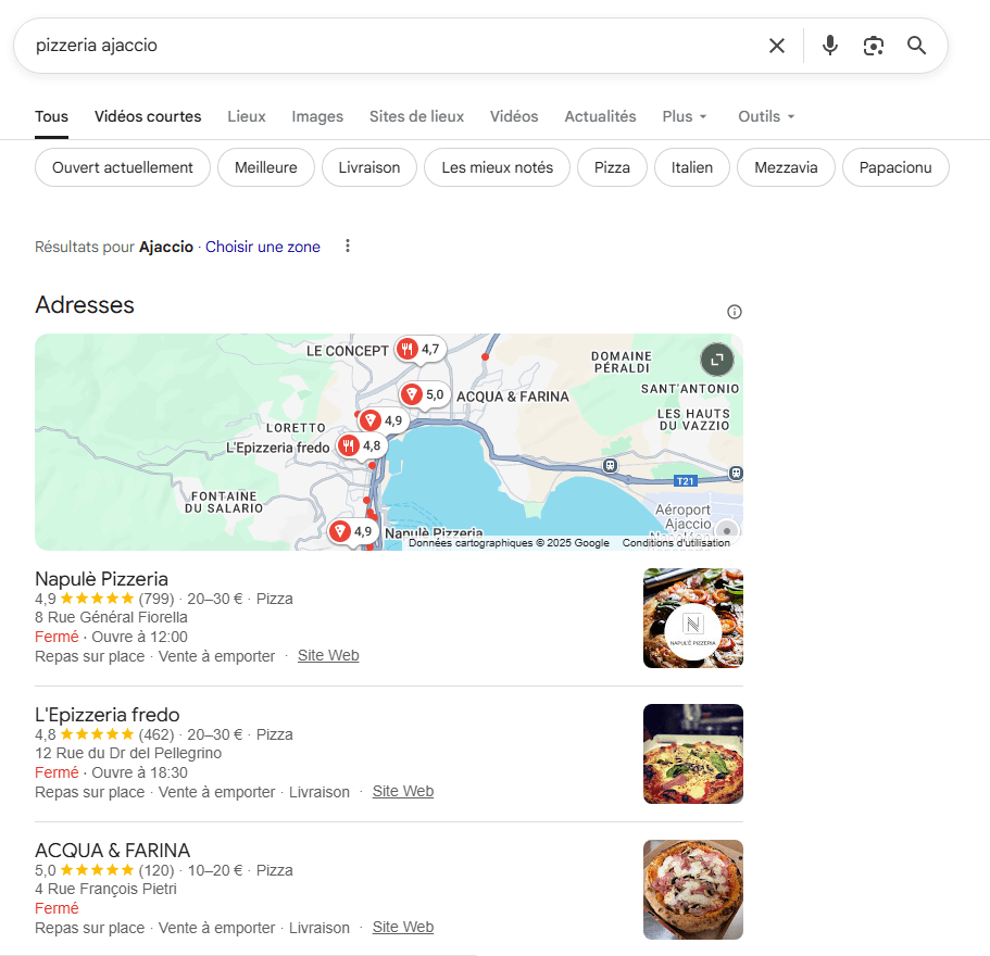 Exemple de résultats du pack local Google pour une recherche en Corse