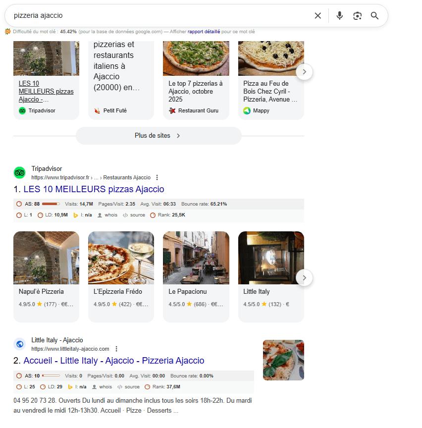 Exemple de résultats du référencement naturel Google pour une recherche en Corse