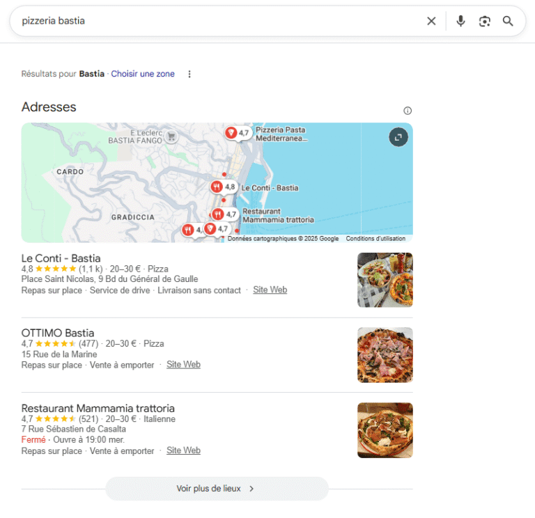 Exemple de résultats du pack local Google pour une recherche en Corse, mise en avant du principe de backlinks