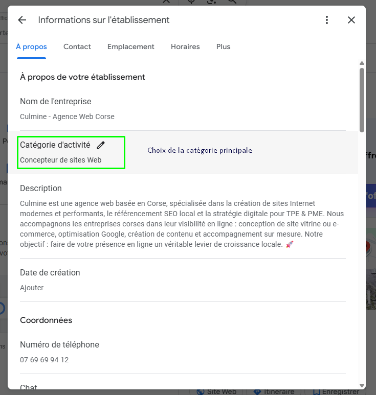création fiche Google My Business Corse étape catégorie