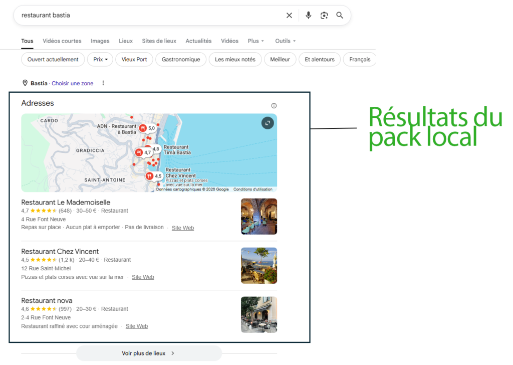résultats Google Maps restaurant Corse local pack
