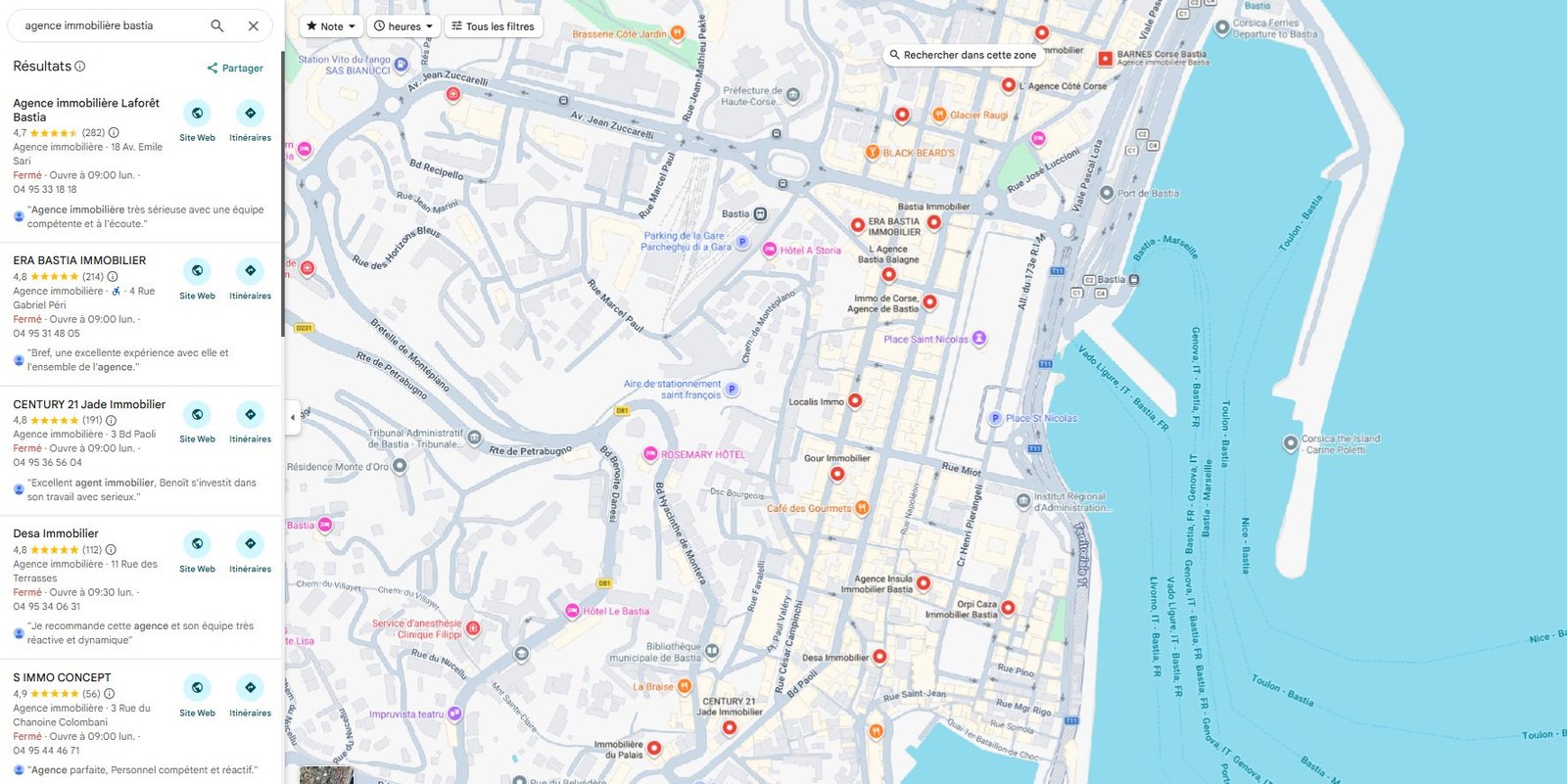 Référencement local Google Maps agence immobilière Bastia