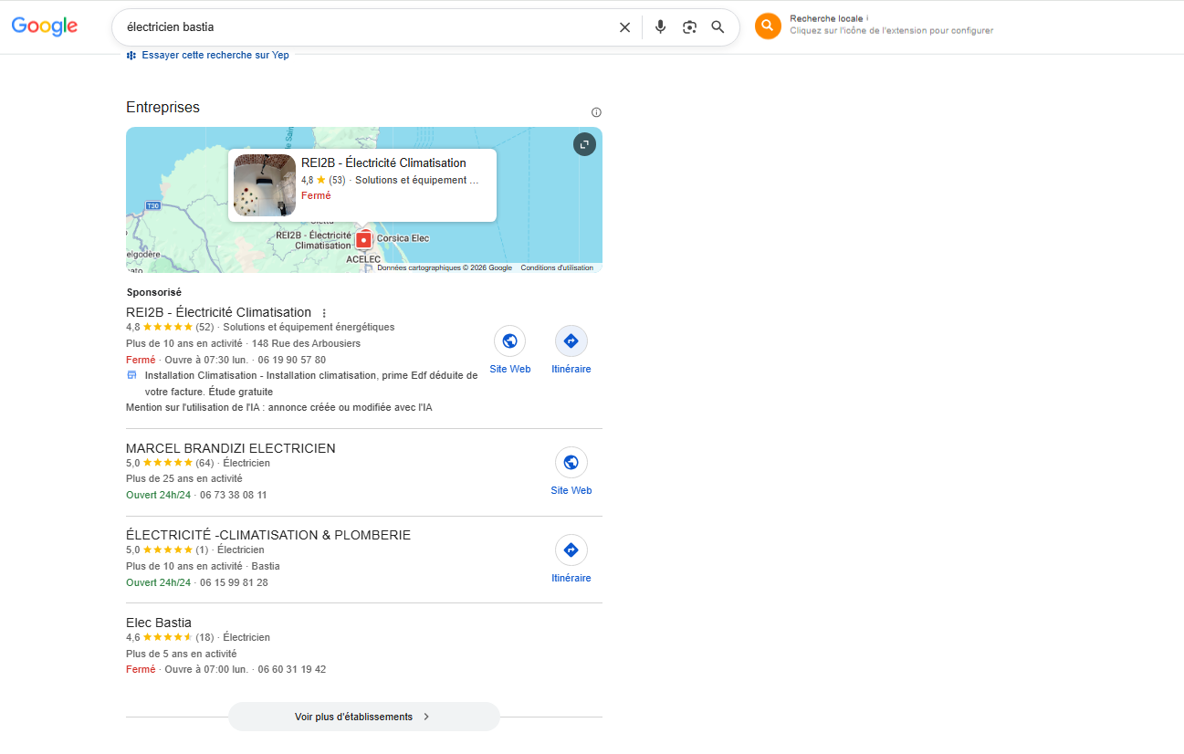 Capture résultats Google pack local Bastia référencement fiche Google Business Profile