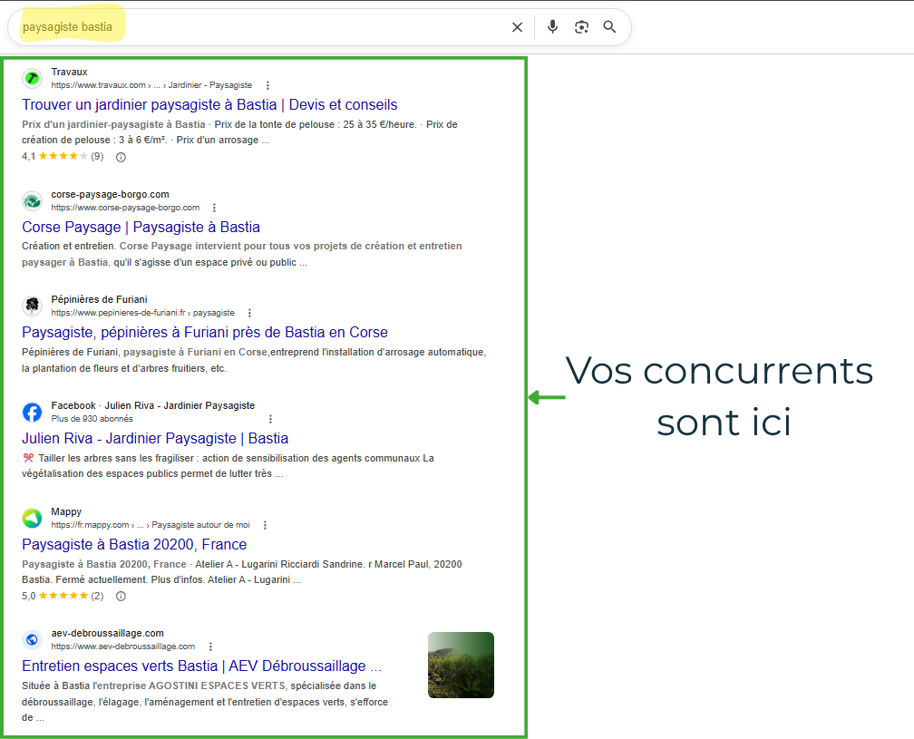 Résultats Google pour la recherche "paysagiste Bastia" montrant les sites concurrents en première page