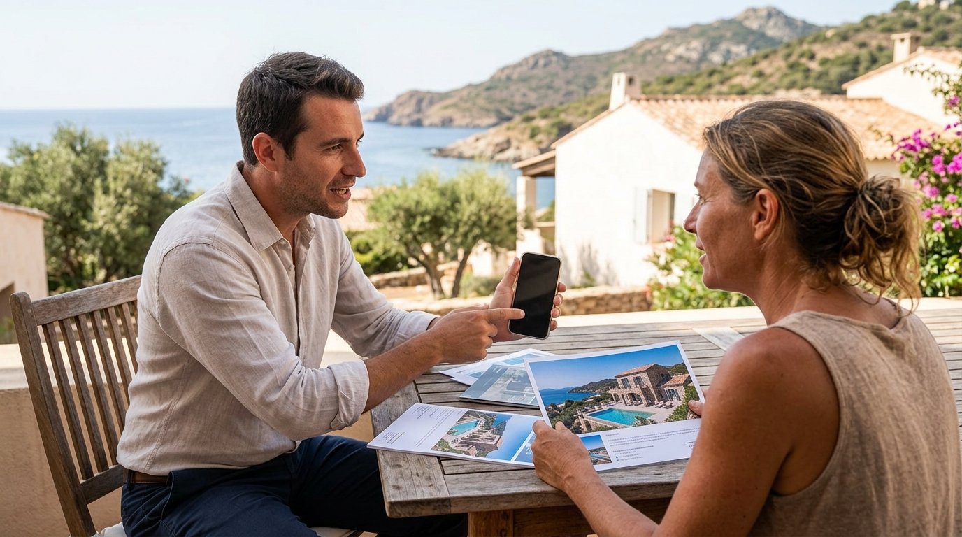 Listing de biens immobiliers affiché sur mobile, agence Corse
