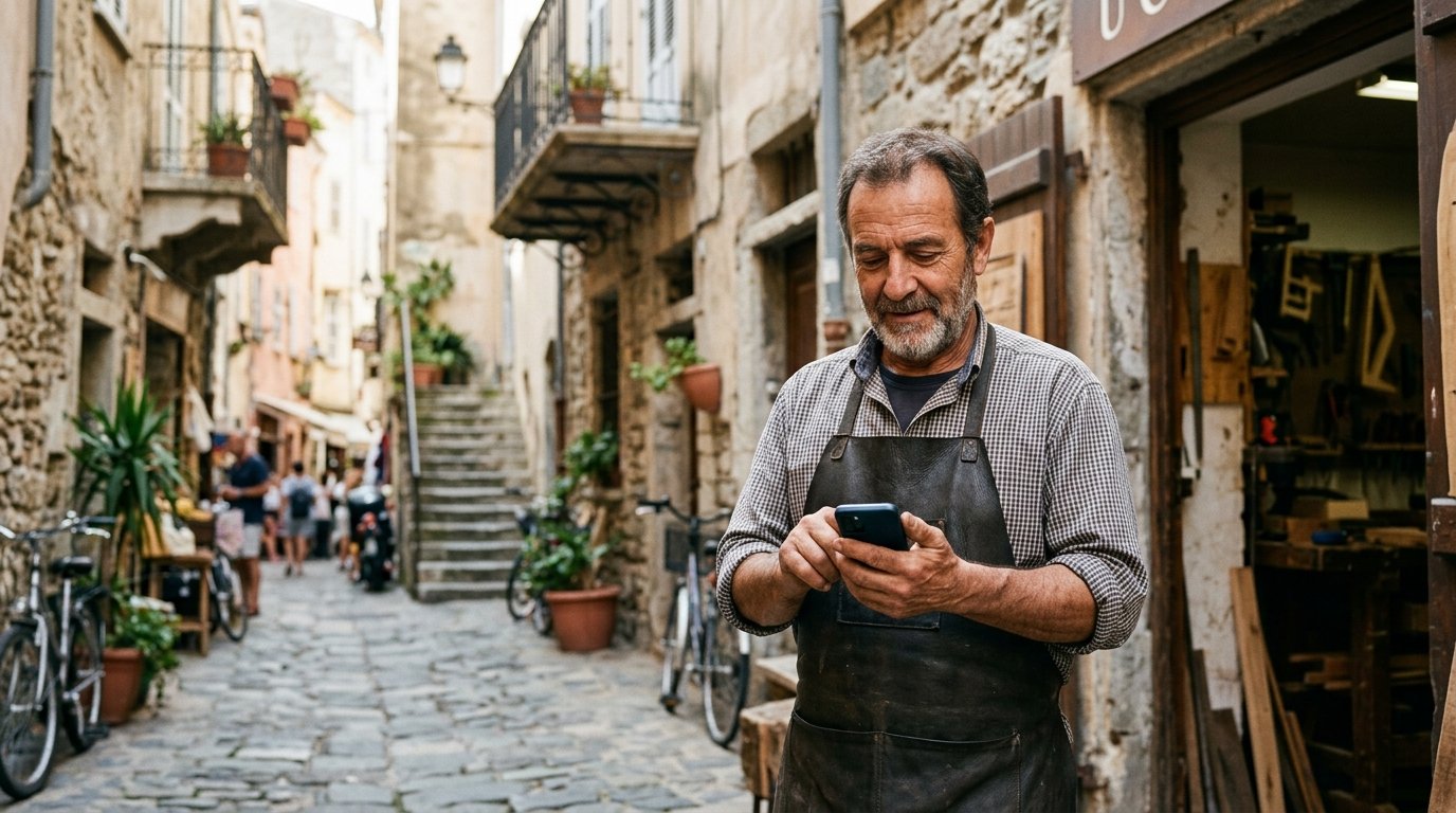 Entrepreneur corse consultant Google Maps sur son téléphone à Bastia