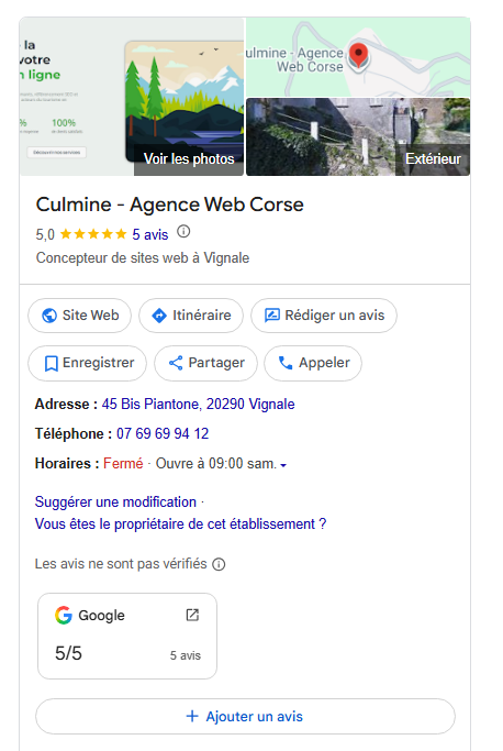 fiche Google Business Profile optimisée, notée 5 sur 5