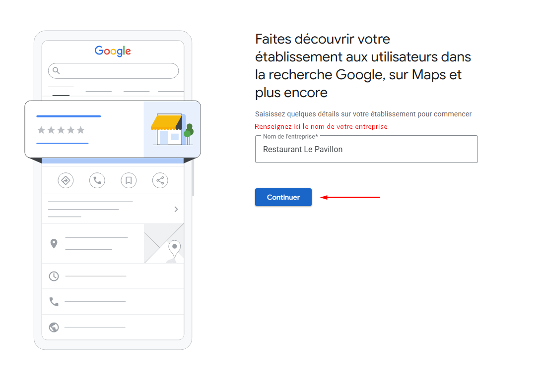 Écran Google demandant le nom de l'entreprise, avec le champ Nom de l'entreprise rempli