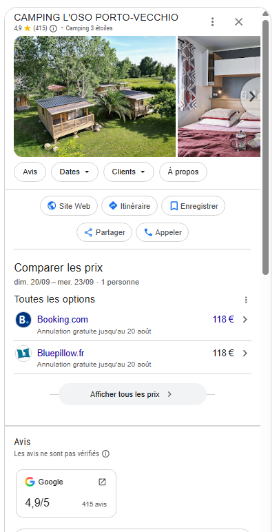 Fiche Google My Business d'un camping à Porto-Vecchio optimisée pour le référencement local