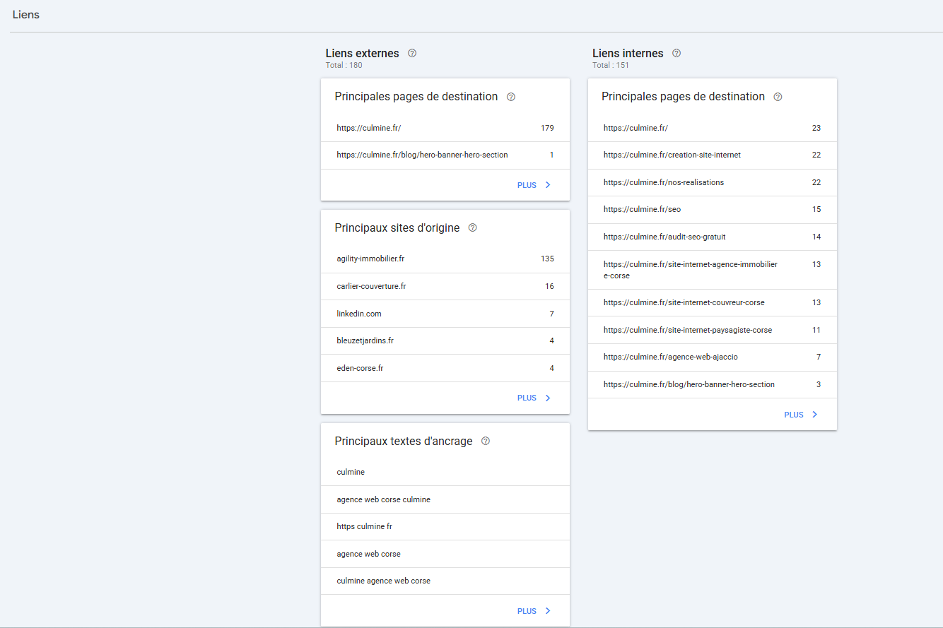 Interface Google Search Console affichant le profil de backlinks d'un site corse