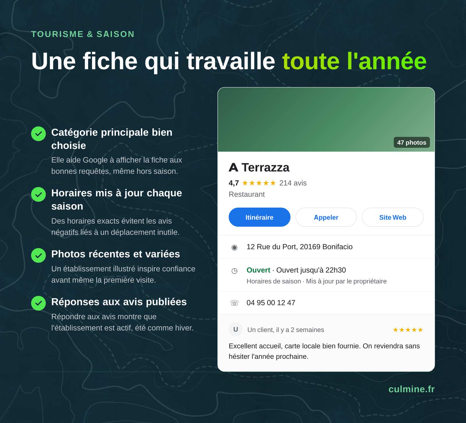 Fiche Google Business optimisée pour un restaurant touristique en Corse