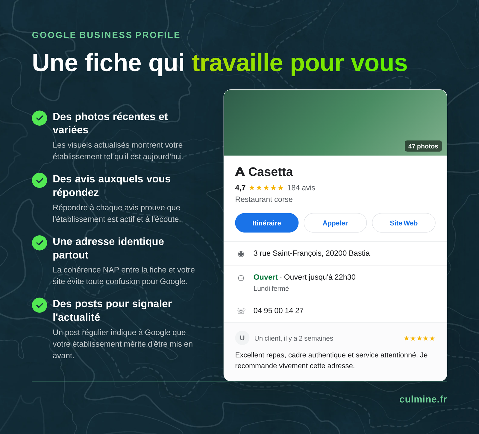 Fiche Google Business Profile optimisée pour un restaurant en Corse