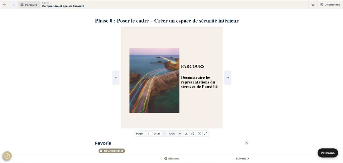 Le premier module du parcours sur l'anxiété, dans l'ancien lecteur PDF