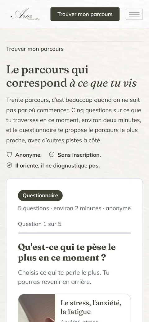 Le questionnaire Trouver mon parcours d'aria-parcourspsy.fr, sur téléphone