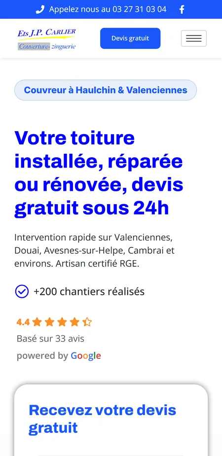 Le site carlier-couverture.fr sur téléphone