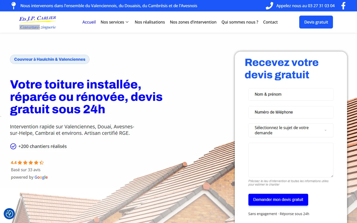 Le site carlier-couverture.fr, couvreur-zingueur à Haulchin, réalisé par Culmine