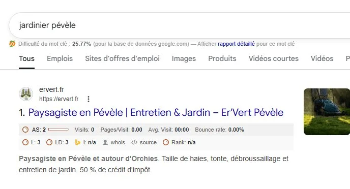 Relevé de position : ervert.fr en première place sur « jardinier pévèle »